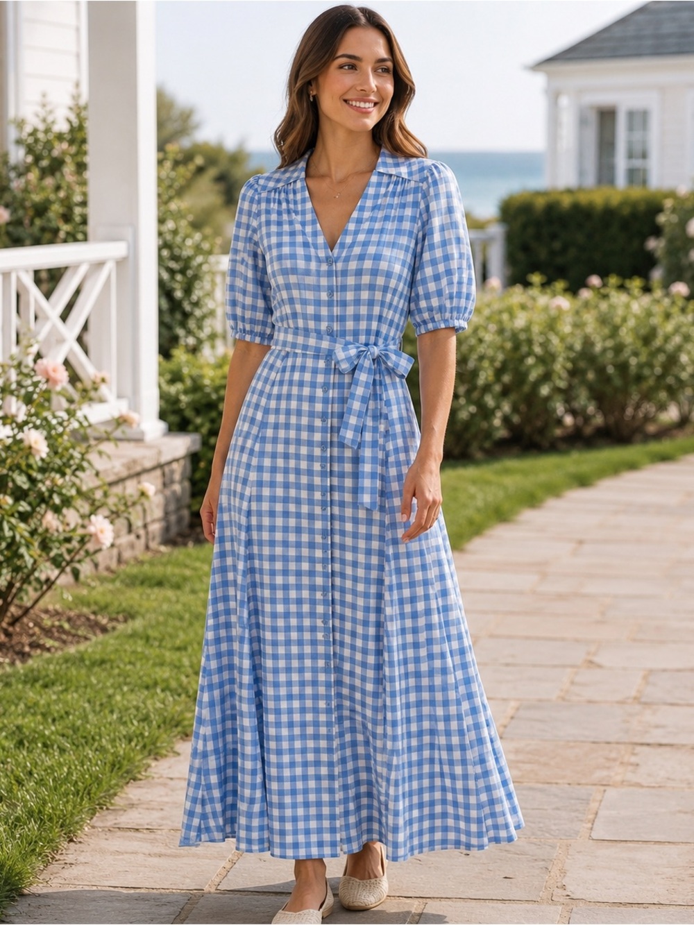 Taylor Blue White Gingham Fit & Flare Maxi Dress Puff Sleeve Belt Size 8